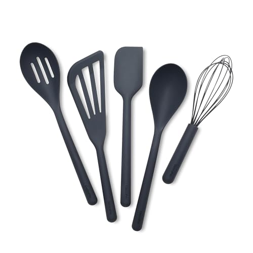 GreenPan Silicone 5 Piece Cooking Utensil Set, Slotted & Solid Spoon, Turner, Spatula, Whisk, Flexible Nonstick Kitchen Tools, Steel Core, Heat-Resistant Anti-Slip Handle BPA-Free Dishwasher Safe Gray