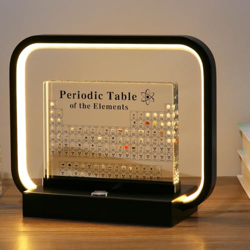 Aichong Periodic Table with Real Elements Inside, Acrylic Periodic Table with 83 Real Elements Periodic Table with Dimmable Modern LED Desk Lamp for Teachers Students, B-Black