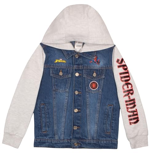 Marvel Spiderman Jean Jacket with Hoodie Spider-Man Denim Jacket for Little and Big Kid Boys Fashion Jacket (Gray and Blue Size 5/6)