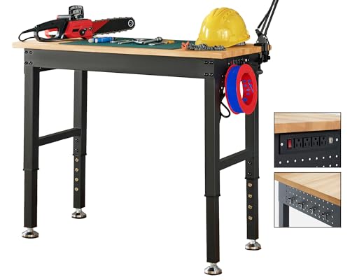 Albott Adjustable Workbench, 28.7-38.6" Height, Rubber Wood Top, Heavy-Duty Design with Power Outlets & Hooks, 2000 LB Capacity for Garage, Workshop, Home, or Office