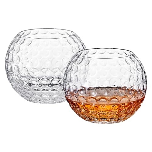 Golf Whiskey Glasses | Set of 2 | 15 OZ Golf Ball Shaped Old Fashioned Liquor, Cocktail Glass, Crystal Unique & Fun Drinking Glassware Accessories, Golfer Gift For Him, Husband, Father, Boyfriend, Her