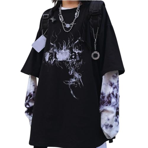 jupkem Men's Goth Baggy Shirt Y2k Graphic Print Long Sleeve Tees Women Punk Fake Two-Piece Pullover Tops Oversized Fall Clothes (black-S)
