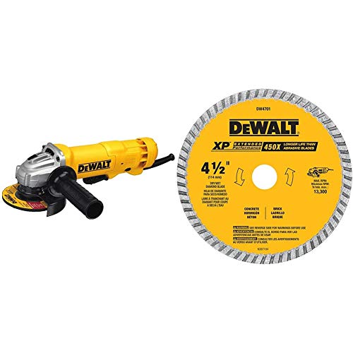 DEWALT Angle Grinder, 4.5 Inch, 11 Amp, With Paddle Switch (DWE402) & Diamond Blade, Dry or Wet Cutting, Continuous Rim, 7/8-Inch Arbor, 4-1/2-Inch (DW4701)