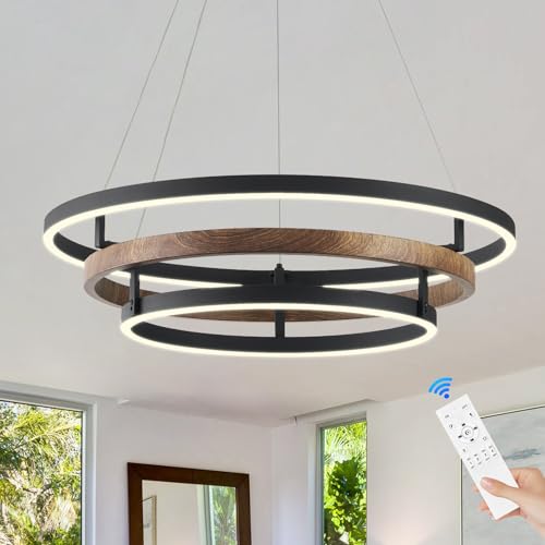 Benkut Modern LED Chandelier Black Dimmable 3 Ring Pendant Light for Dining Room, Kitchen Chandelier Circular with Remote Control Flush Mount High Ceiling Light for Living Room, 3000K-6500K