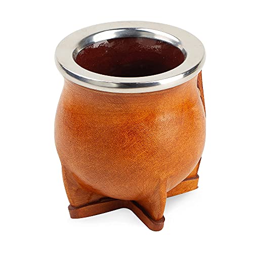 thebmate [Premium Yerba Mate Cup (Mate Gourd) - Crafted Ceramic Teacup - Brown Leather Wrapped Handmade in Uruguay - Mate Camionero - Camionero Style (Camel Brown)