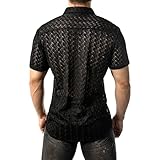 JOGAL Mens Floral Lace Shirt See Through Casual Button Down Shirts BlackWave Large