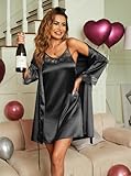 Ekouaer Sleepwear Women's Satin Nightgown with Robes Set 2 Piece Sexy Lace Cami Nightwear Black L