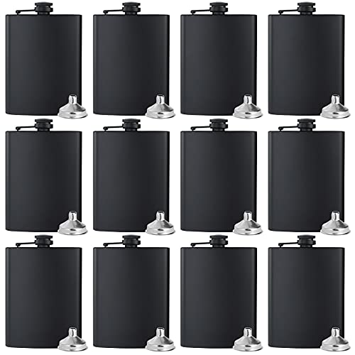 BALABALA Hip Flasks for Liquor for Men Women 12 pcs 8Oz Matte Black Stainless Steel Flask with 12 pcs Funnels for Wedding Party Groomsman Bridesmaid Birthdays Gift