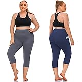 NEW YOUNG 3 Pack Plus Size Capri Leggings with Pockets for Women,High Waist Tummy Control Workout Yoga Leggings