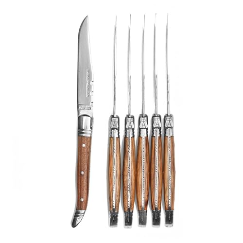 Laguiole Heritage Steak Knife Set; Ultra-Sharp 4.5-Inch Premium Stainless Steel Blades, Full Tang Construction; Perfectly Balanced for Effortless Cutting, Light Wood Handle, Set of 6