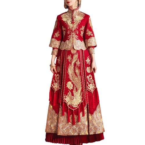 Xiuhe Retro Chinese Wedding Dress Embroidery Traditional Cheongsam Vintage Red Formal Qipao Women Man Oriental Style(Red woman,XXXXXX-Large)