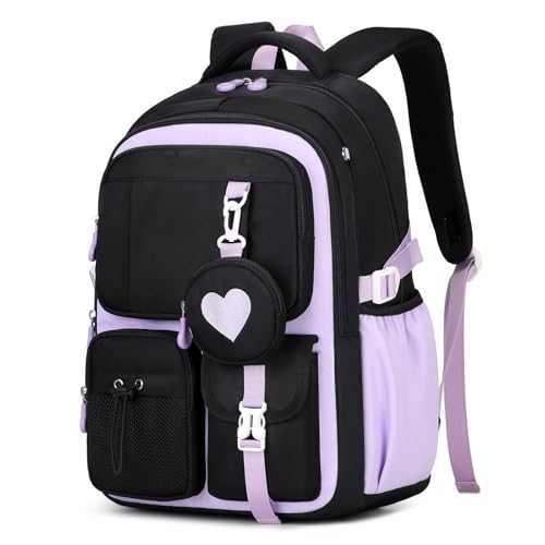Girls Backpack, Kids Backpack for Girls, School Bag for Primary Elementary Teenage, Middle Students Bookbag, Kawaii School Backpacks for Girl Ages 8-12, Black and Purple