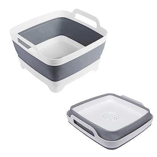 Collapsible Wash Basin 9L, Foldable Dish Tub with Drain Plug, Portable Collapsible Dish Basin, Camping Sink for Washing Dishes, Laundry & Kitchen Use,Gray