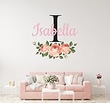 CuteDecals Flowers Custom Name & Initial Wall Decal - Personalized Peonies Art Decor Mural Girls Stickers For Nursery Bedroom Decoration (Mini Wide 15''x13'' Height)