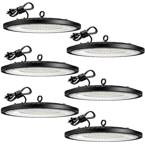 Amico 6 Pack UFO LED High Bay Light 200W 28,000lm 5000K with UL Listed US Hook 5' Cable Alternative to 650W MH/HPS for Gym Factory Barn Warehouse Lighting Fixture