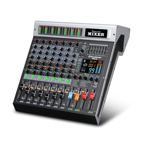 8-Channel Professional Audio Mixer, DK-8 Mixing Console with XLR Inputs, Bluetooth, 99 DSP Effects, MP3, USB Interface for Podcast, Music, Recording, PC 14.76"x1.96“x12.99"inches