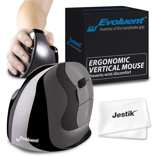Evoluent Mouse VMDLW - VerticalMouse D, Right Hand Ergonomic Design, Evoluent Vertical Mouse D Large with Wireless Connection for Laptop and PC, Plus Jestik Microfiber Cloth