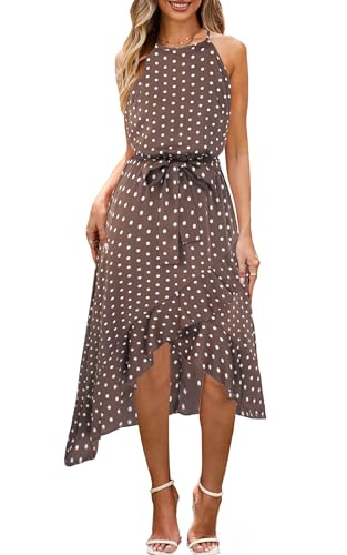 ECOWISH Polka Dot Womens Summer Dress Flowy Cute High Low Sleeveless Boho Criss Cross Halterneck Cocktail Midi Sundress 2025 Coffee Small