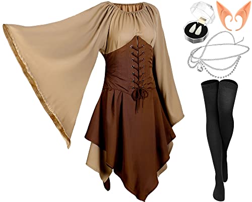Jadive Women Elf Renaissance Medieval Dress Traditional Irish Fairy Costume Halloween Cosplay Party(Brown, Khaki, X-Large)