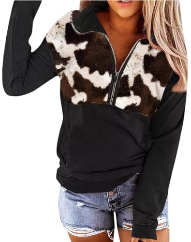 LEMAFER Women's 2024 Cow Print Casual Aztec Zipper Collar Pullover Sweatshirt Western Cowgirl Ethnic Style Hoodies