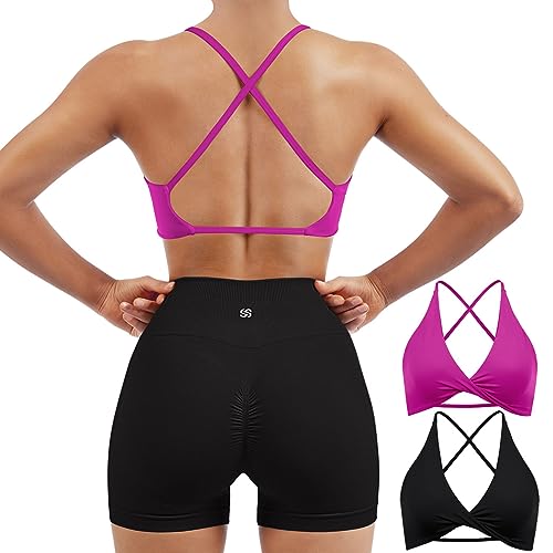 SUUKSESS Women 2 Piece Open Back Strappy Sports Bra Pack Twist Front V Neck Padded Workout Crops (#2 Hot Pink & Black, M)