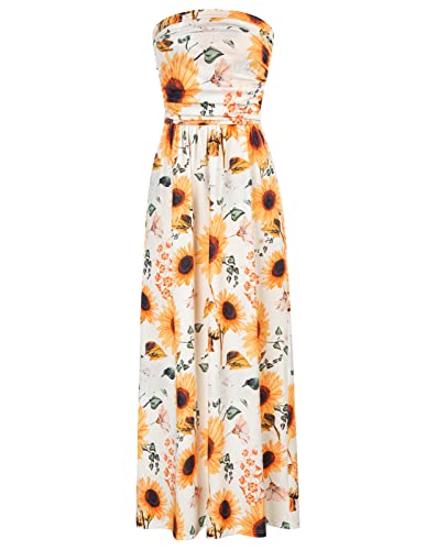 GRACE KARIN Women Strapless Casual Loose Ruched Long Maxi Dress with Pockets Sunflower