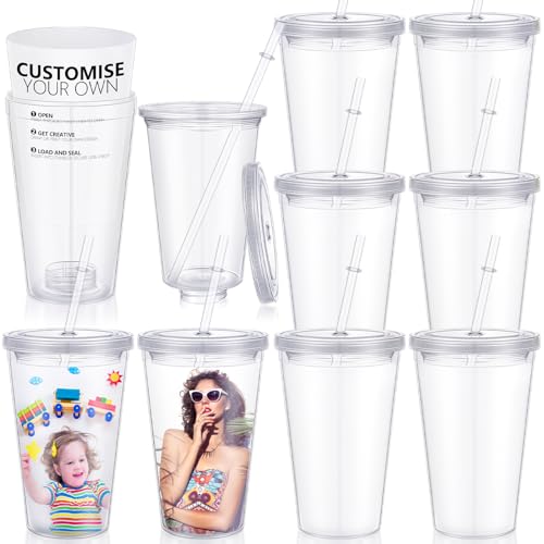 Vesici 8 Pcs Customizable Paper Insert Insulated Double Wall Cup 16 oz Clear Acrylic Reusable Cups with Lids Straw DIY Cardboard Large Capacity Customized Cup for Iced Coffee Cold Hot Drinks