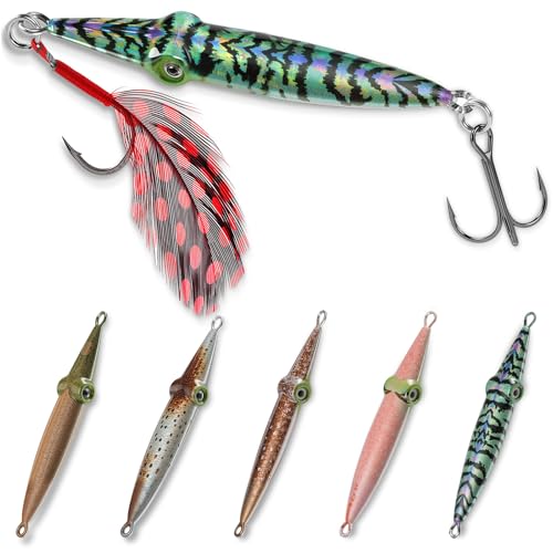 5-Pack Fast Fall Jigs with Treble & Feather Hooks - 2.6" Ultra-Realistic Squid Lures (4/5oz) for Slow Pitch Jigging & Vertical Speed Fishing - Saltwater Flat Metal Jigs for Tuna, Salmon, Grouper, Bass