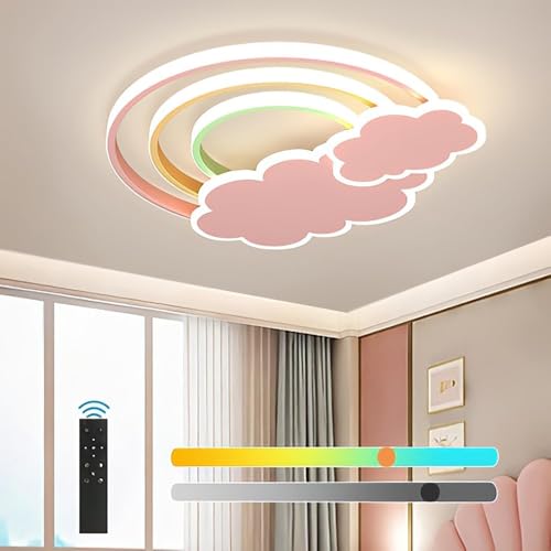 LINGCMP LED Pink Ceiling Light Modern Cartoon Children's Room Dimmable Ceiling Light with Remote Control Nordic Children's Room Blue Cloud Rainbow Night Light for Bedroom Baby Room Boys Girls Room