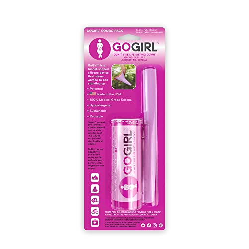 GoGirl Combo Pack (Pink) #1 FUD Made in The USA. GoGirl + Extension, Pee Standing Up! Portable Female Urinal for Women, Soft, Flexible, Reusable, Pee Funnel