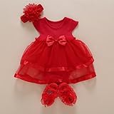 Niyage Baby Girls Clothes Romper Dress Headband Shoes 3 Pcs Set Flowers Party Outfit Red 9-12 Months