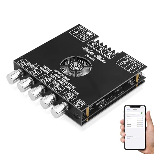 Bluetooth 5.1 Audio Amplifier Board, ZK-AS21 2.1 CH 220W x 2 + 350W HiFi Subwoofer Power Amp Mini Digital Audio Amp Module for Home Speakers(30-220W, 3-8Ohms), DC 16-38V, BT USB AUX Input