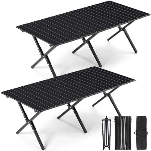 Suzile 2 Pack Foldable Low Picnic Table 4 ft Portable Lightweight Camping Table Fold Up Collapsible Roll up Metal Camp with Carry Bag for Party Patio Garden Outside Outdoor Beach(Black)