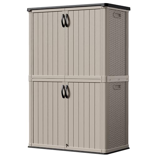 Devoko Outdoor Storage Cabinet 50 Cu Ft with Pad-Lockable Doors, Horizontal Storage Shed Waterproof Patio Tools Storage Box for Sofa Cushions, Gardening Tools and Accessories (Beige)