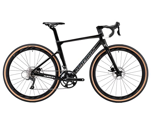 KABON Carbon Gravel Road Bike, T800 Carbon Fiber Frame 700C Road Bike with 18 Speeds Drivetrain, Integrated Carbon Handlebar, Disc Brakes Racing Bicycle for Adult Unisex (Black, 50cm)