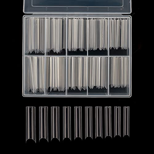 Square C Curve Extra Long Nail Tips, Half Cover Clear Acrylic Fake Nail Tips, Press On Nail False Nails with Case for Nail Salons and DIY Nail Art, 200PCS, 10 Sizes (Clear)