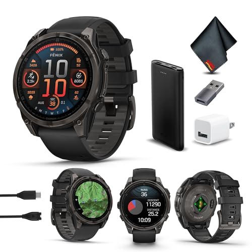Garmin Fenix 8 47MM AMOLED Sapphire Premium Multisport GPS Smartwatch Carbon Gray DLC Titanium with Black Gray Silicone Band, Built-in LED Flashlight, Health & Fitness Smart Watch Bundle for Men