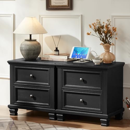 SAVOR LIFE Farmhouse Nightstand Set of 2, Rustic Low Nightstands with 2 Drawers & Charging Station, Vintage Night Stands with 4 Square Solid Wood Legs, Small Dresser for Bedroom, Home, Black