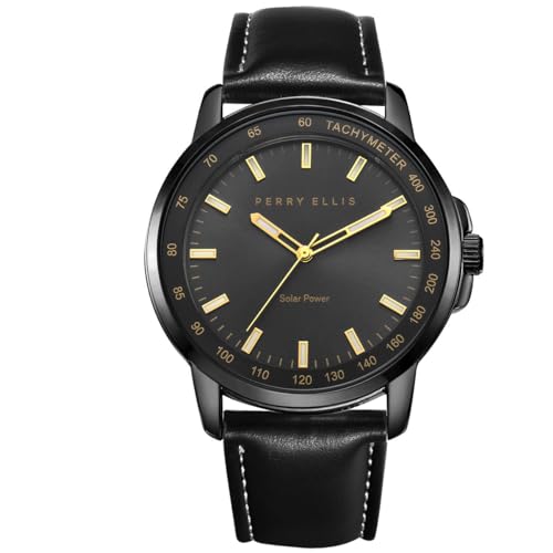 Perry Ellis Solar Powered Mens Watch | Vegan Leather Water-Resistant Analog Wrist Watches for Men | 43mm Case | Aluminum Tachymeter Bezel | Elegant Gift for Man (Black)