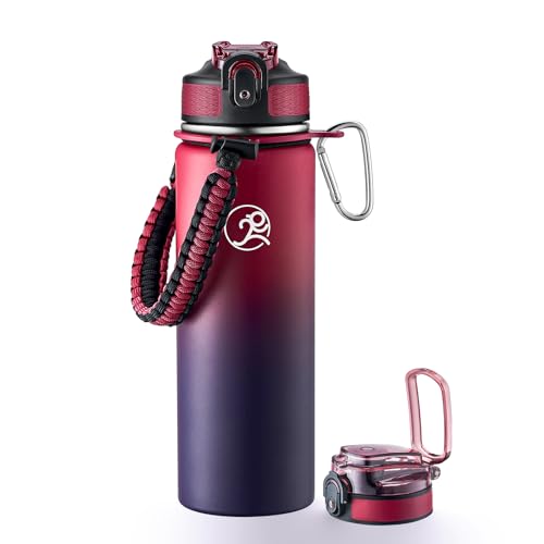 GOSWAG Insulated Sports Water Bottle, 24oz 2 Lids(with Straw/No Straw), Stainless Steel Water Bottles with Paracord Handle, Insulated Thermos with Double-Wall Vacuum Insulation