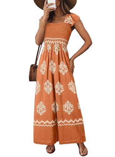 Happy Sailed Overalls for Women Vintage Printed Cap Sleeve One Piece Jumpsuit Wide Leg Long Pant Rompers Boho Style Spring Summer Beach Vacation Outfits 2025 Orange Small