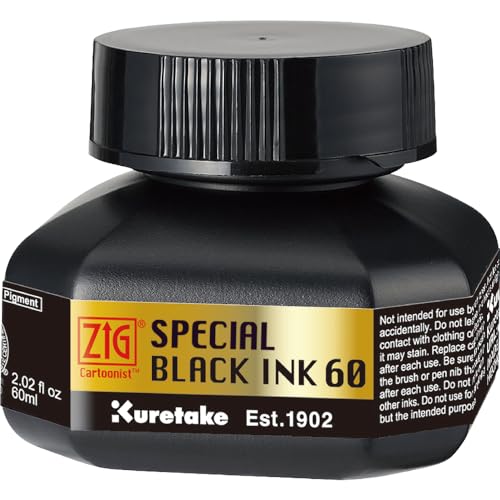Kuretake Zig Special Black Ink 60ml, for dip Pen, Brush, Drawing, Calligraphy, Illustration, Lettering, for Professional, Artists, Manga, Made in Japan