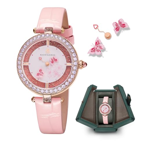 Women's Watch Butterfly Watches for Women Moving Butterflys Hands Pink Dial with Genuine Leather Strap Bee Watches for Women BLACK BY BLUE BRAVE Butterfly Lovers, Sapphire Crystal Glass combining Cubic Zirconia Stones and 3.5mm Pink Synthetic Crystal Women's Wrist Watch