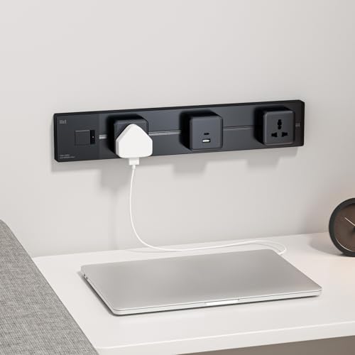 Illus Wall Mount Power Strip for Tabletop and Walls, 8000W Power Socket Track, Black Modern Wall Power Strip, Rail Power Track with 1 USB Socket & 2 Universal Socket for Office Home (18in/45cm)