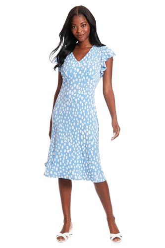 London Times Women's Petite V-Neck Ruffle Sleeve Matte Jersey Dress Casual Summer Fun Easy Wear to Brunch, Persian Jewel/Soft White