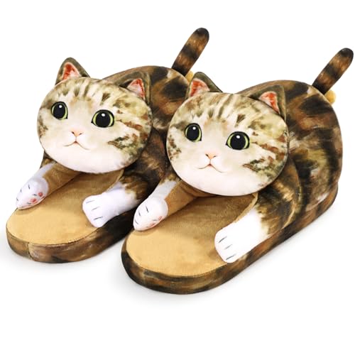 Infaccial Fuzzy Cat Slippers for Women Indoor and Outdoor,Funny Animal House Shoes with Soft Memory Foam,Comfy Plush Warm Slip-on Slippers,Christmas Gifts for Cat Lover(Tabby cat)