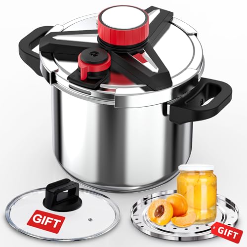 18/8 Stainless Steel Pressure Cooker 10 Quart, [One-Hand Locking] Olla de Presion, [3-In-1] Pressure Cooker, Induction Compatible, Gas Stovetop Compatible,Includes Glass Lid & Steamer Rack