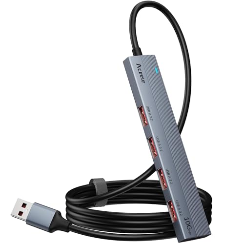 Aceele 10Gbps USB 3.2 Hub with 4 USB A 3.2 Ports, USB 3.2 Gen 2 Splitter with 4ft Extented Long Data Cable and Type-C Power Port, for Chromebook,Surface Pro 3,iMac,PS4 Flash Drive Data and More