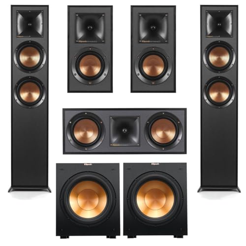 Klipsch Reference Series 5.2 Home Theater Pack with 2X R-625FA Floorstanding Speakers, R-52C Center Channel Speaker, 2X R-41M Bookshelf Speakers, 2X R-12SW Subwoofers, Black