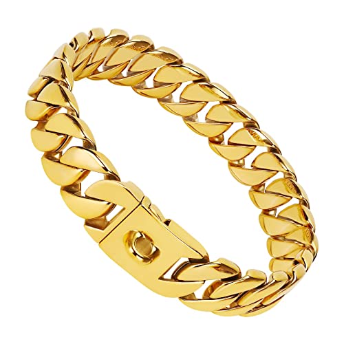 Big Dog Chain Collar, 32mm Cuban Chain Link Collar with Design Safety Buckle, 18k Gold 316L Martingale Collars, Stainless Steel Durable Chewy for All Breeds Medium/Large Dogs